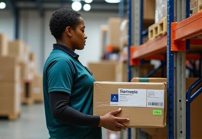 Swiftcourier parcel handler preparing for international shipment at UK hub.